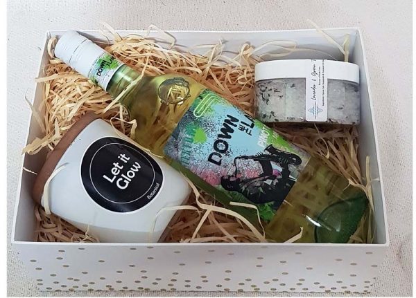 Gift box of Let it Glow Soy Candle, Green Tea and Lavender Bath Salts and Pinot Grisgio